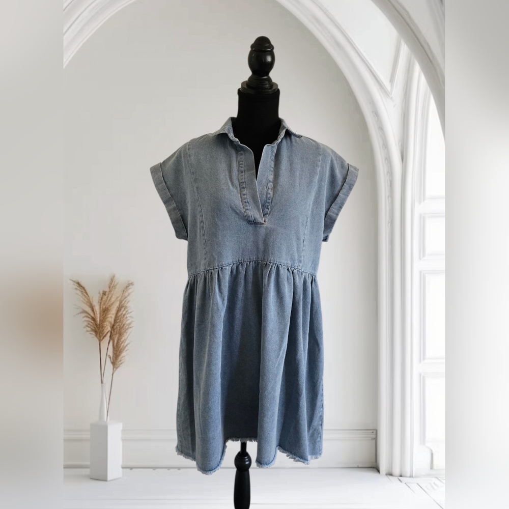 Upcycled Umgee Denim Dress With Holly Hobbie/Sun Bonnet Sue Patch, Size Small - Picture 3 of 4